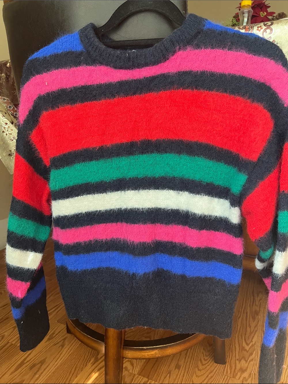 a new day Black Multicolor Fuzzy Striped Crewneck Sweater